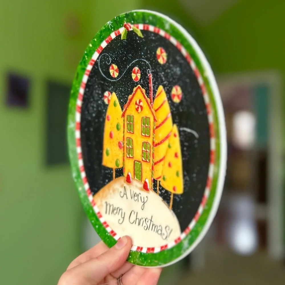 Vintage Christmas Cake Gingerbread House Merry Christmas Round Plate Dan Dipaolo